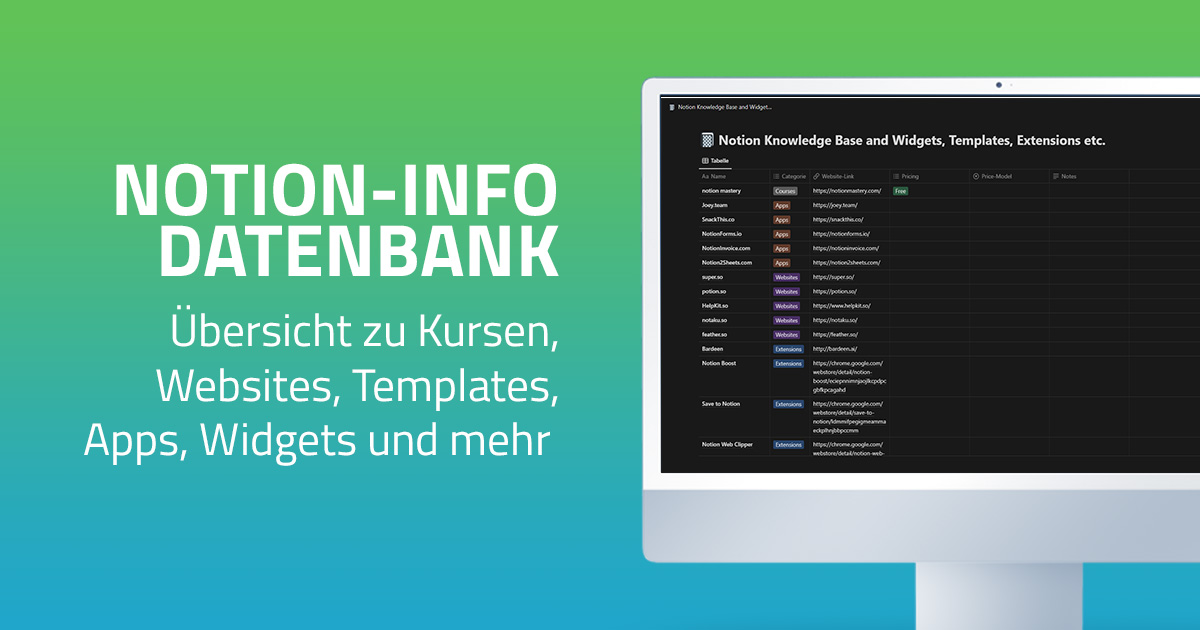 Notion - Infodatenbank: Übersicht Kurse, Websites und mehr